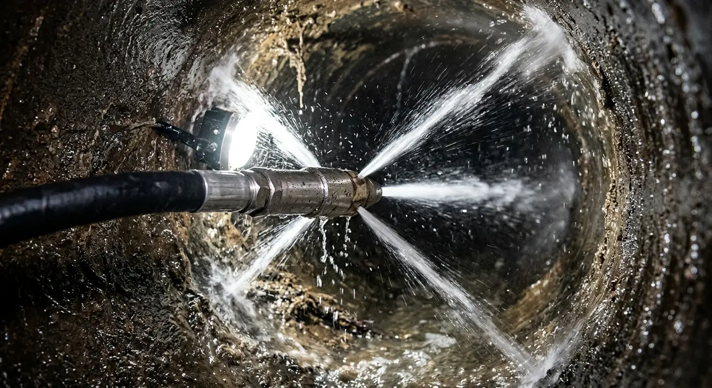 High-pressure hydro jetting nozzle cleaning sewer pipe for Emergency Drain Service in East Vincent